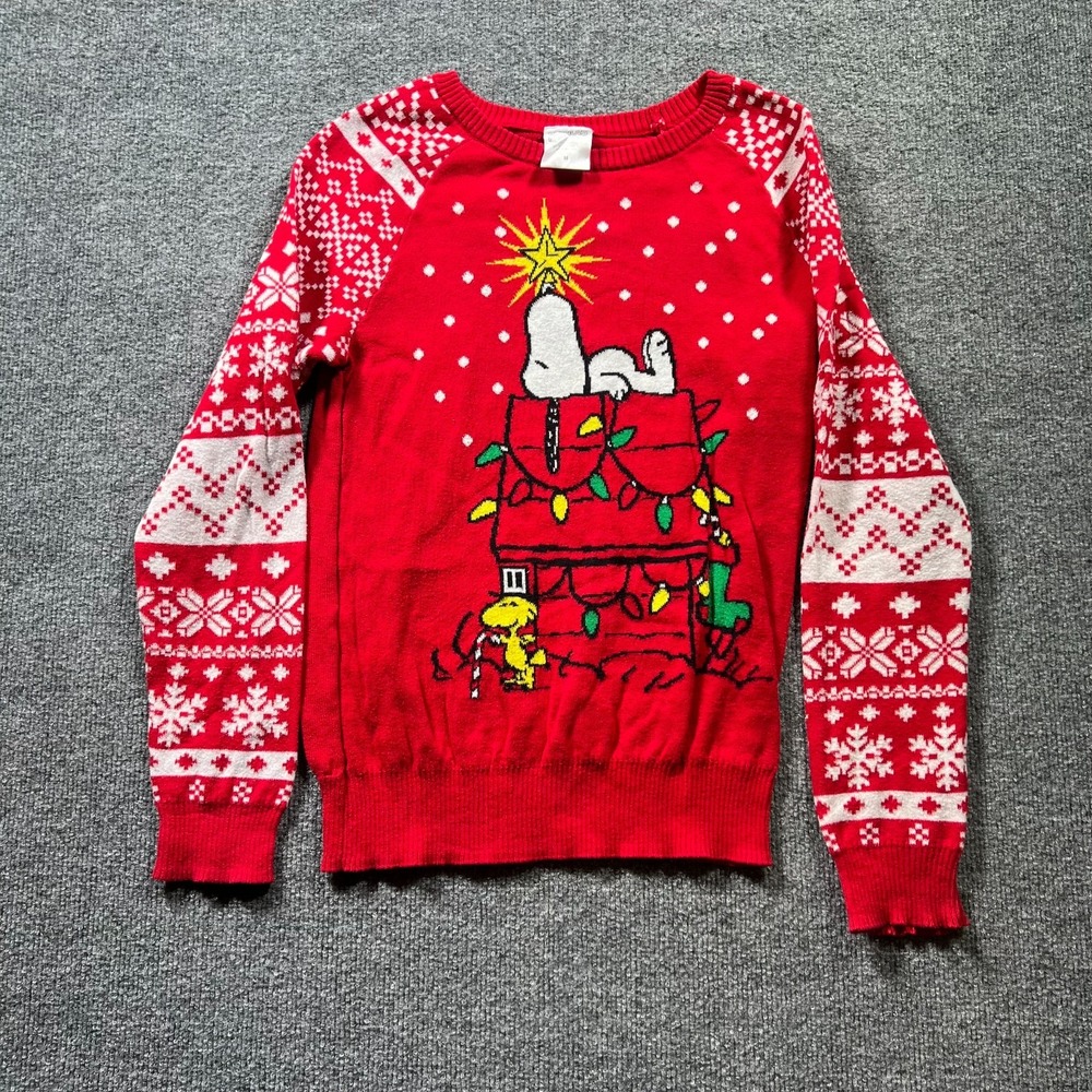 Peanuts Snoopy Ugly Christmas Sweater Mens Medium Red Holiday Woodstock Festive